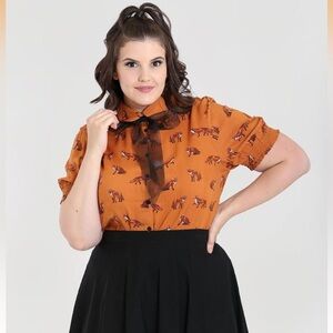 HELL BUNNY VIXEY FOX VINTAGE RETRO BLOUSE, BROWN Fox print
